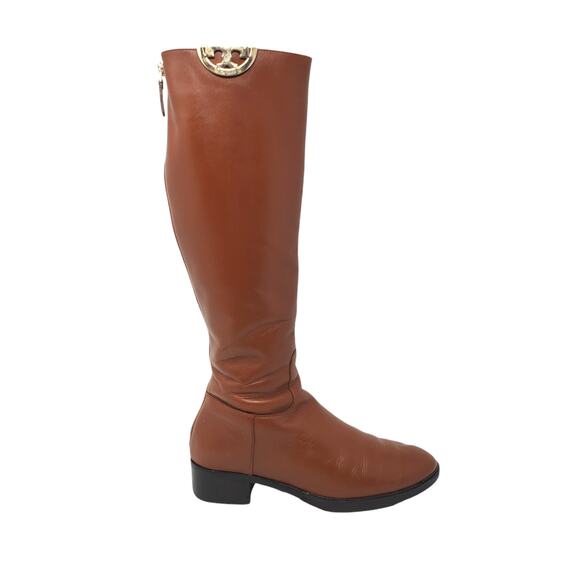 Tory Burch Sidney Boot Knee High Gold Logo Smooth Leather Penny Brown Size US 7 - Picture 1 of 11